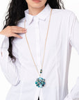 Collana lunga in catena con fiore in vetro verde petrolio - Mya Accessories