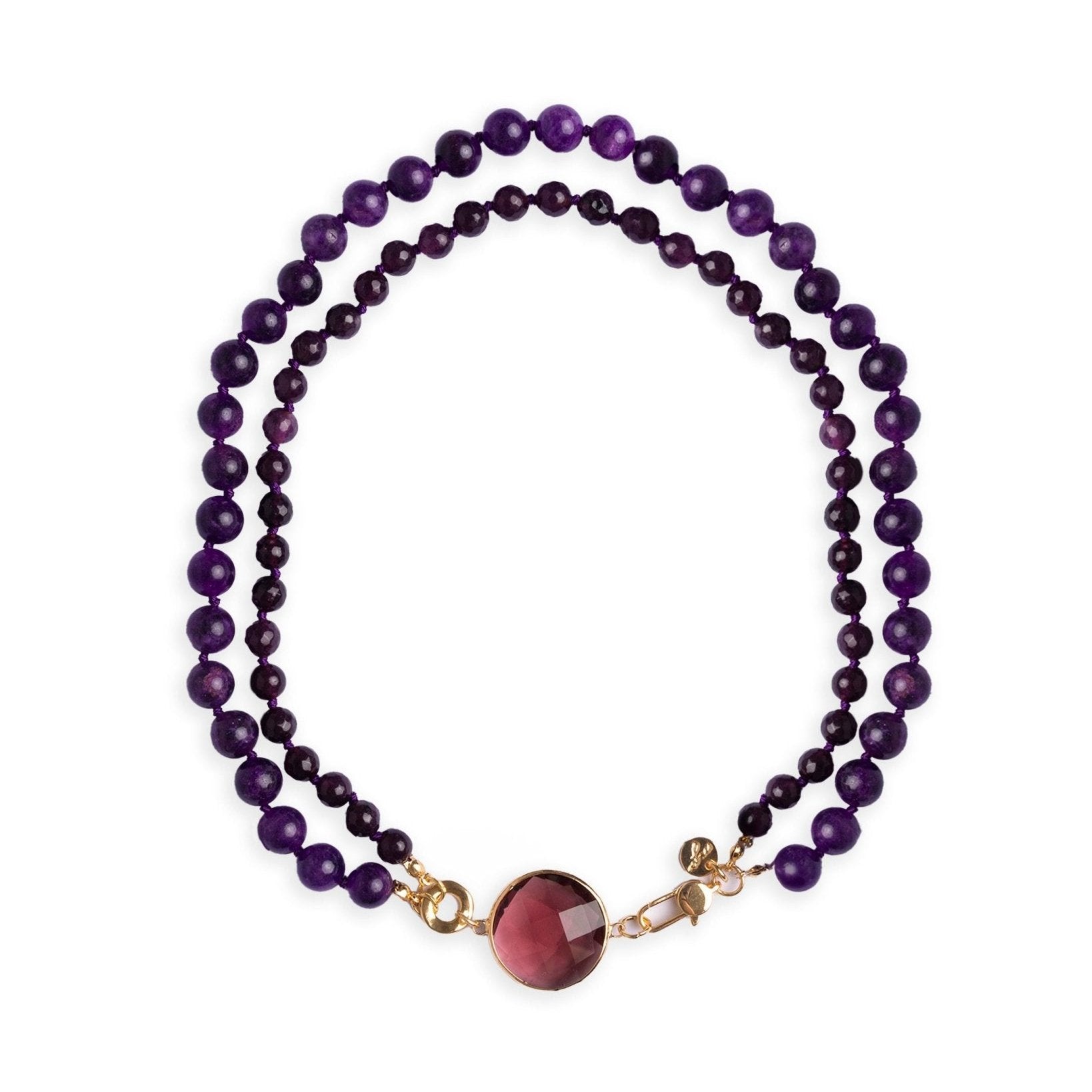 Collana girocollo con doppio filo di pietre dure viola, pendente circolare in vetro - Mya Accessories