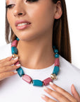 Collana girocollo in resina ed acrilico petrolio e rosa - Mya Accessories