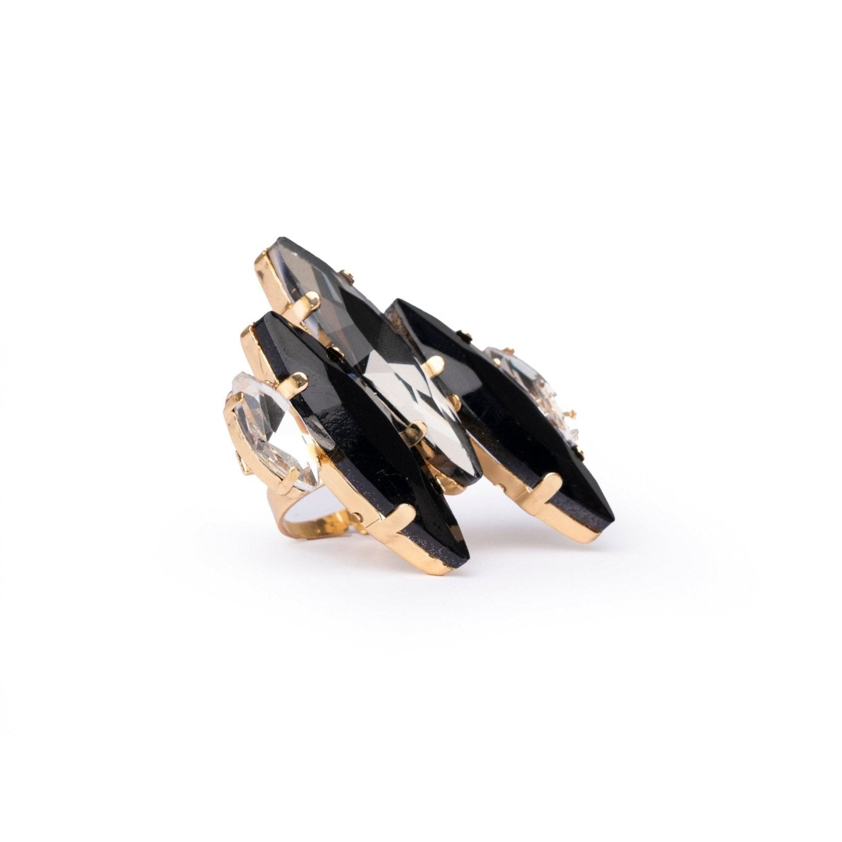Anello in metallo regolabile con pietre a foglia in resina nero e crystal - Mya Accessories
