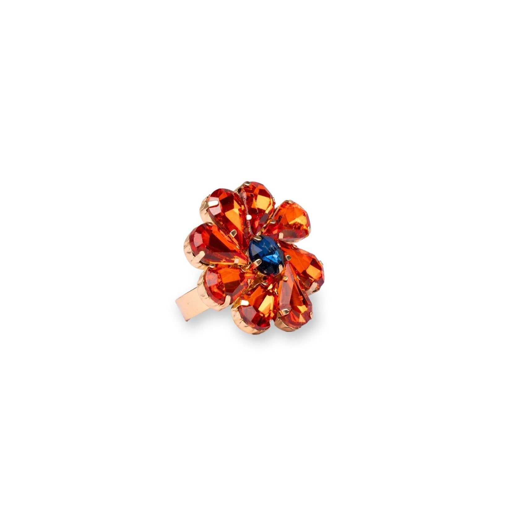 Anello in metallo regolabile con fiore in vetro arancione e blu - Mya Accessories