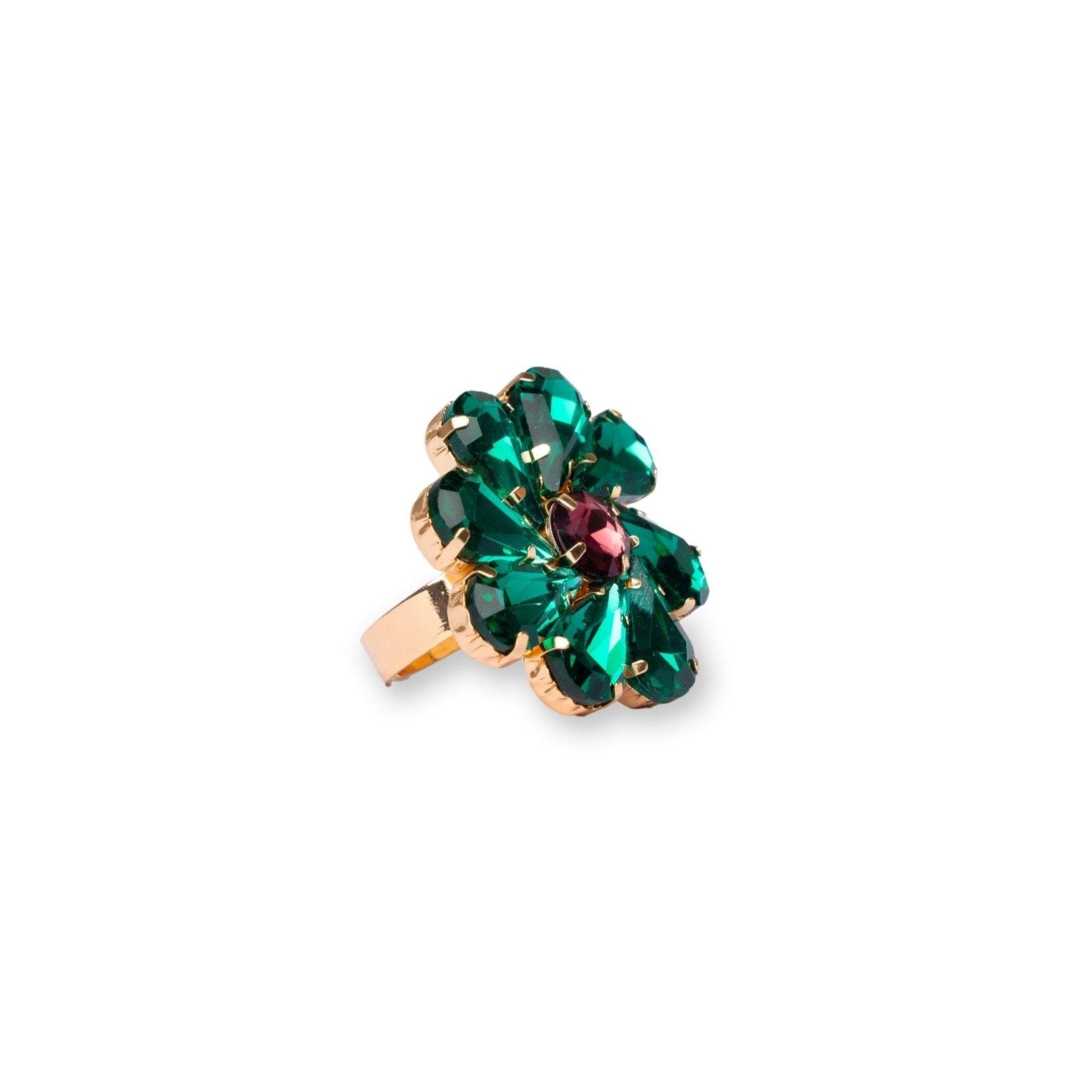 Anello in metallo regolabile con fiore in vetro verde e viola - Mya Accessories