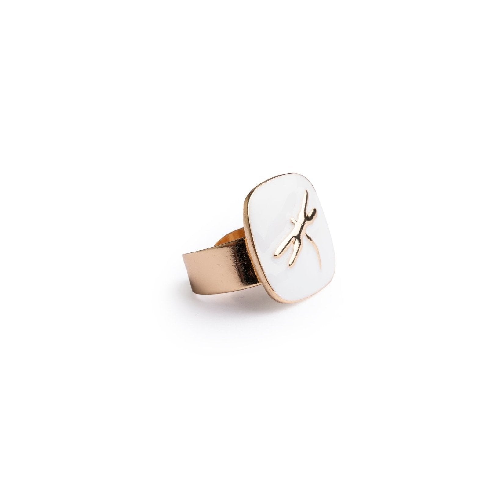 Anello regolabile in metallo con placchetta smaltata bianca con libellula - Mya Accessories