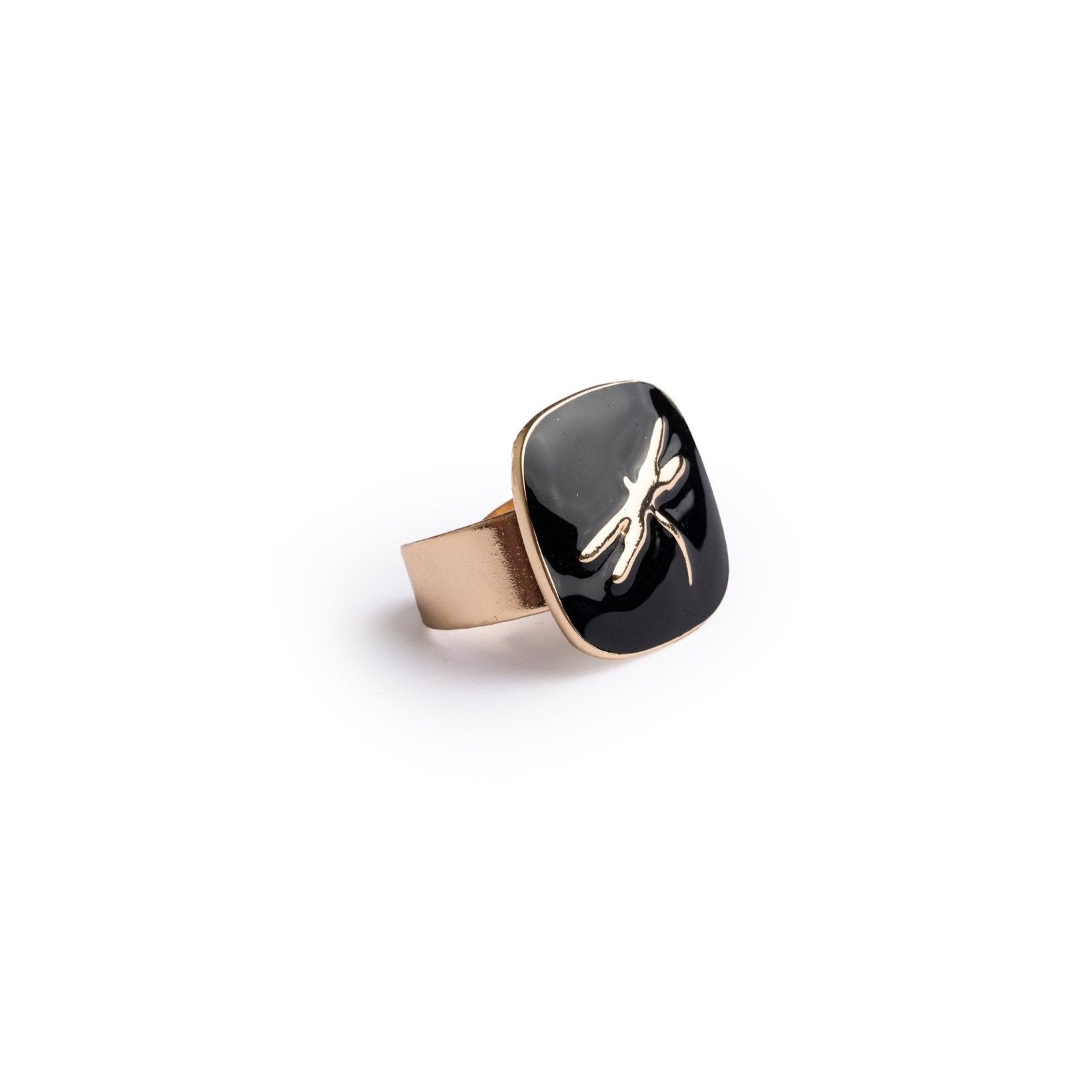 Anello regolabile in metallo con placchetta smaltata nera con libellula - Mya Accessories