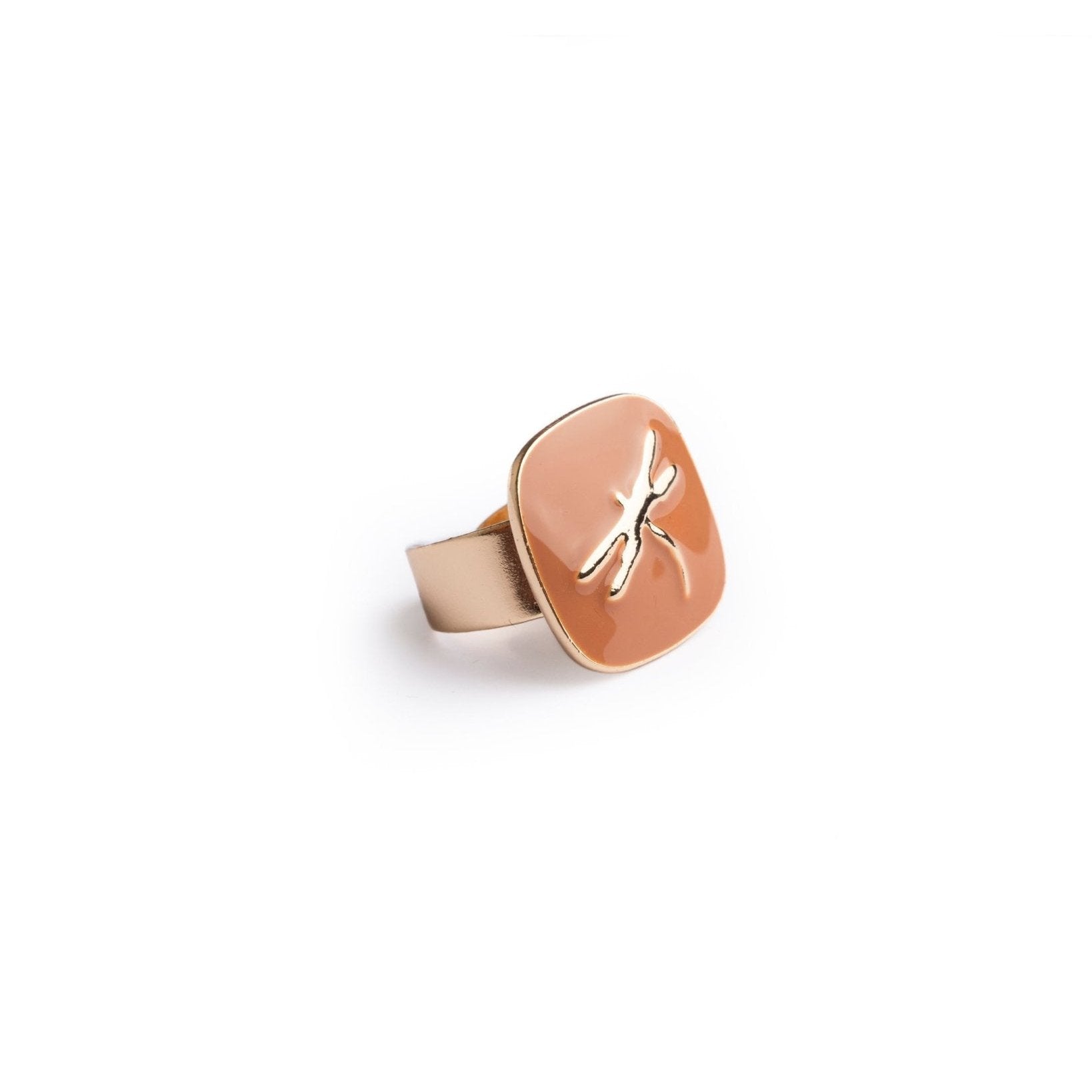 Anello regolabile in metallo con placchetta smaltata beige con libellula - Mya Accessories