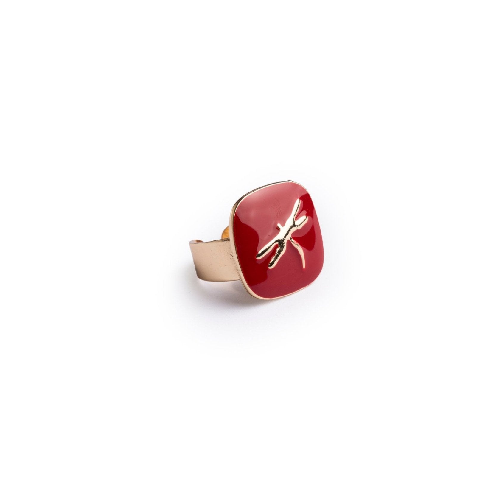 Anello regolabile in metallo con placchetta smaltata rossa con libellula - Mya Accessories