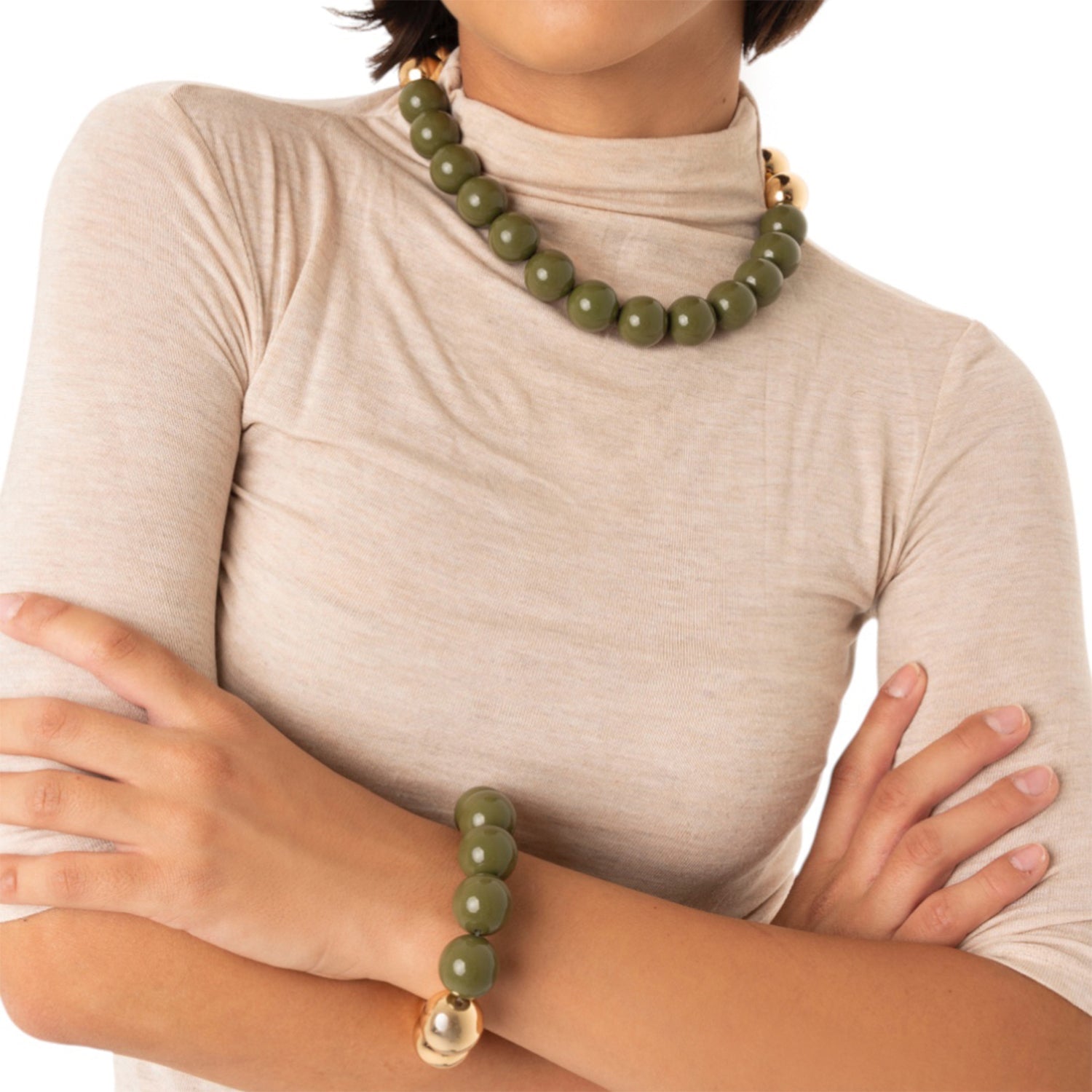 Bracciale elastico con sfere verdi ed oro - Mya Accessories