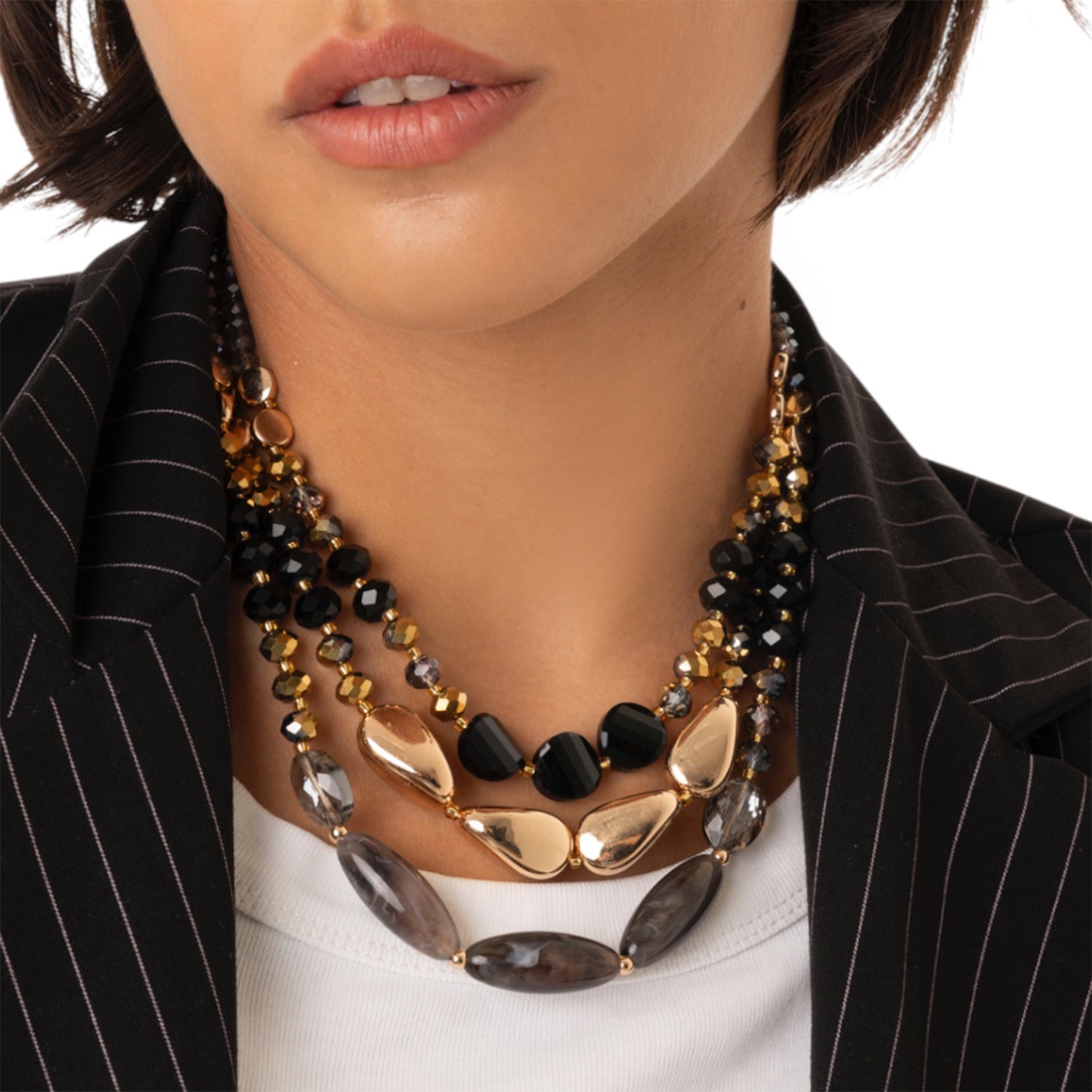 Collana girocollo multifilo con pietre in acrilico grigio ed oro - Mya Accessories