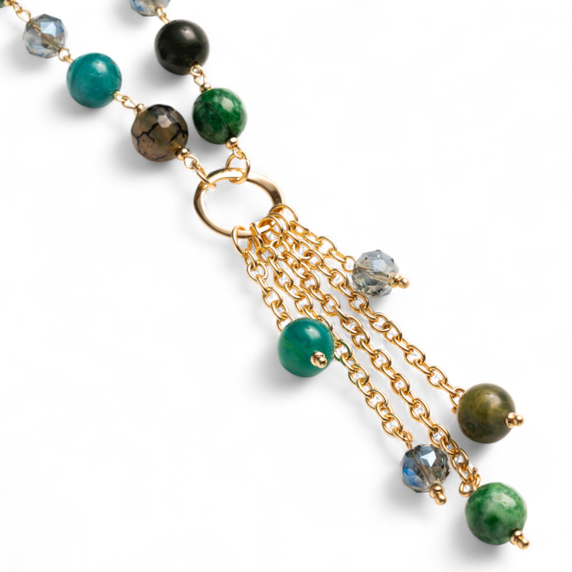 Collana lunga con pietre semidure e vetro tono verde con pendente - Mya Accessories