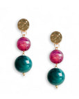Orecchini pendenti con doppia sfera in acrilico magenta e verde petrolio - Mya Accessories