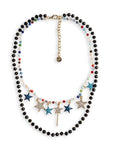 Collana a due fili con pietre in vetro nere e multicolore con stelline pendenti - Mya Accessories