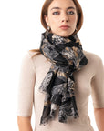 Sciarpa in cotone nera con stampa a fiore bianca ed oro - Mya Accessories