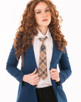 Cravatta tartan beige/marrone elastica con spilla in vetro azzurra - Mya Accessories