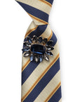 Cravatta elastica rigata blu e beige con spilla in vetro a fiore blu - Mya Accessories