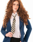 Cravatta elastica rigata blu e beige con spilla in vetro a fiore blu - Mya Accessories