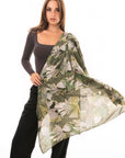 Sciarpa in cotone verde con stampa a foglie tropicali - Mya Accessories