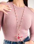 Collana lunga con pietre in vetro rosa e bianco con pendente a stella marina - Mya Accessories