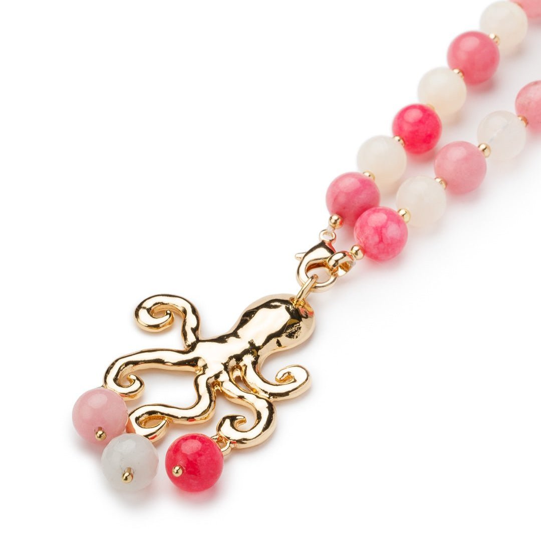 Collana lunga con pietre dure multi rosa, con pendente a forma di polipo in metallo - Mya Accessories
