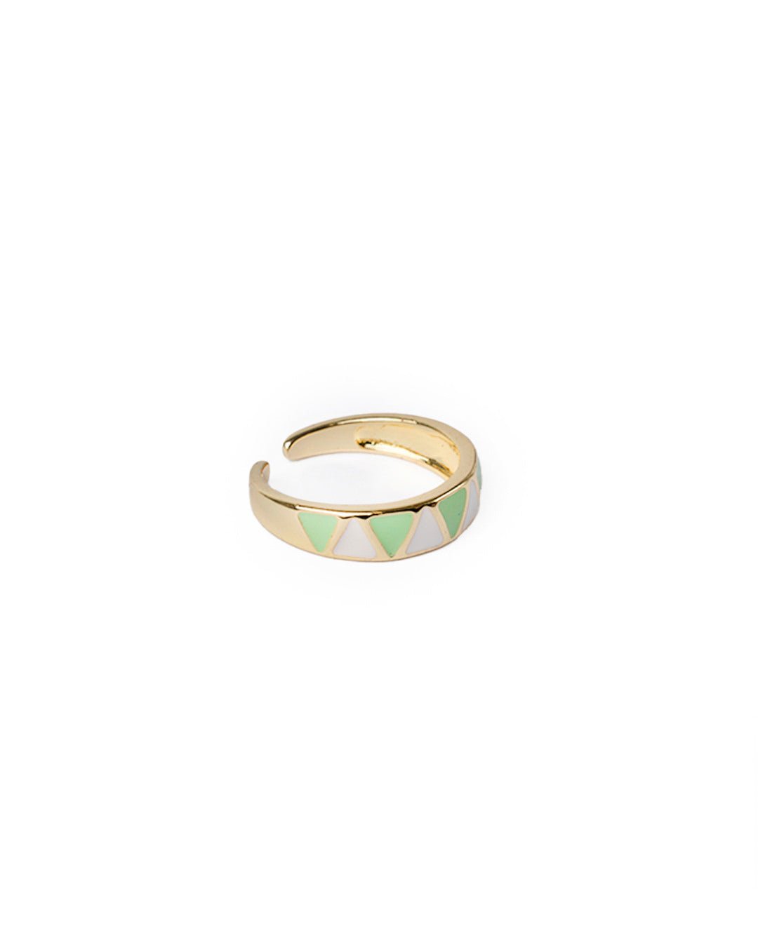 Anello in ottone regolabile con triangoli smaltati bianchi e verdi - Mya Accessories