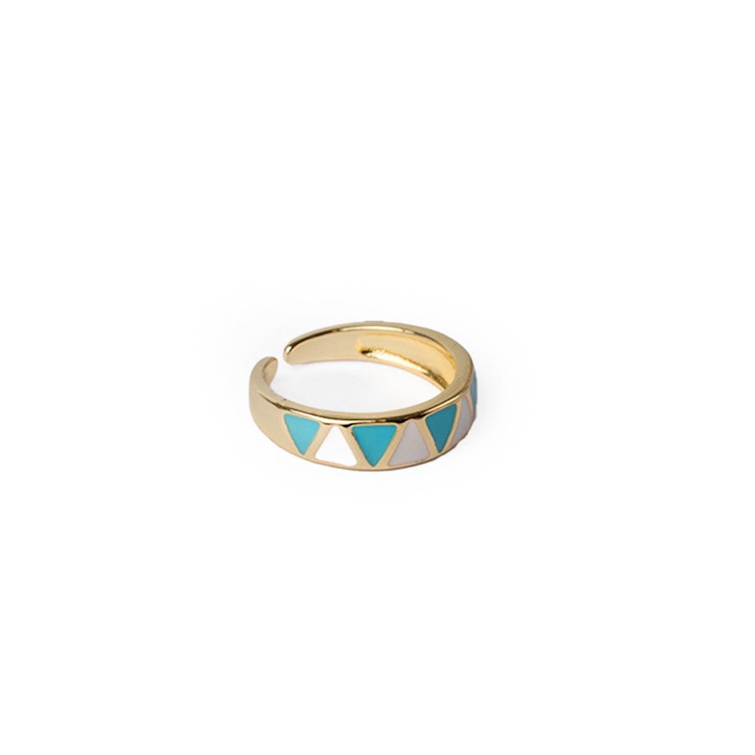 Anello in ottone regolabile con triangoli smaltati bianchi e celesti - Mya Accessories