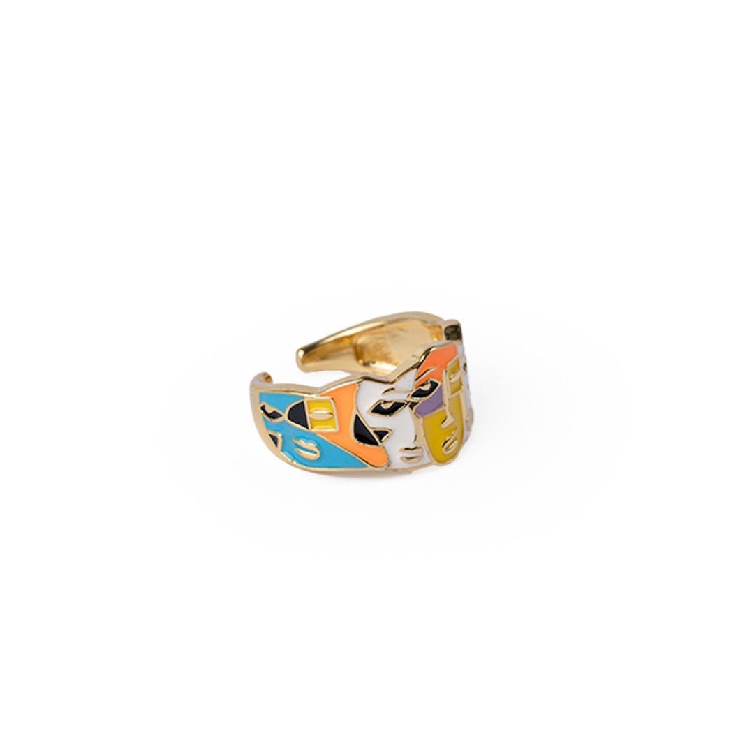 Anello in ottone regolabile a fascia con volti smaltati multicolore con zirconi - Mya Accessories