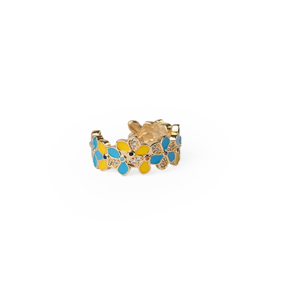 Anello in ottone regolabile con fiori smaltati gialli e celesti con zirconi - Mya Accessories