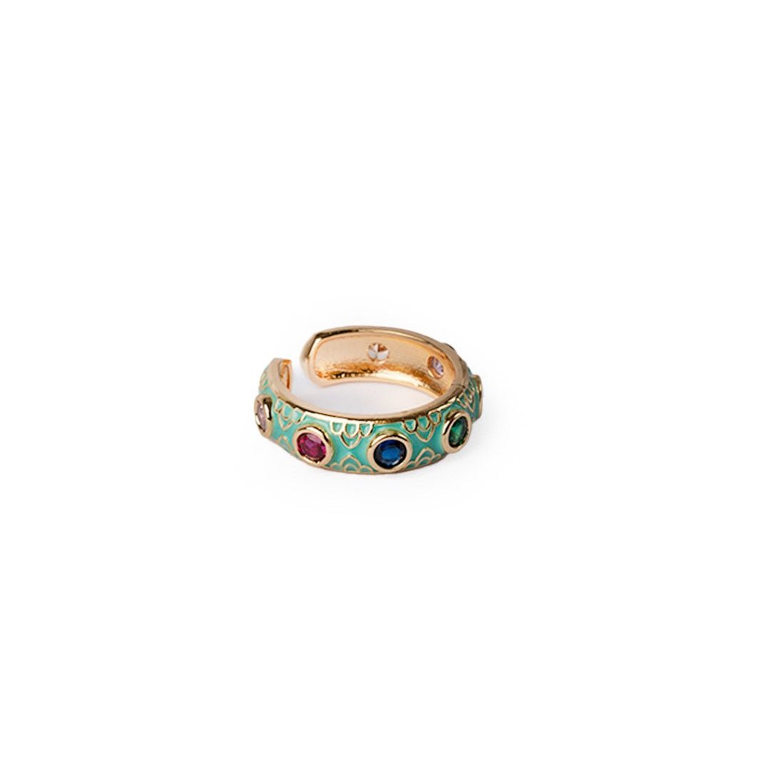 Anello in ottone regolabile smaltato verde acqua con zirconi multicolore - Mya Accessories