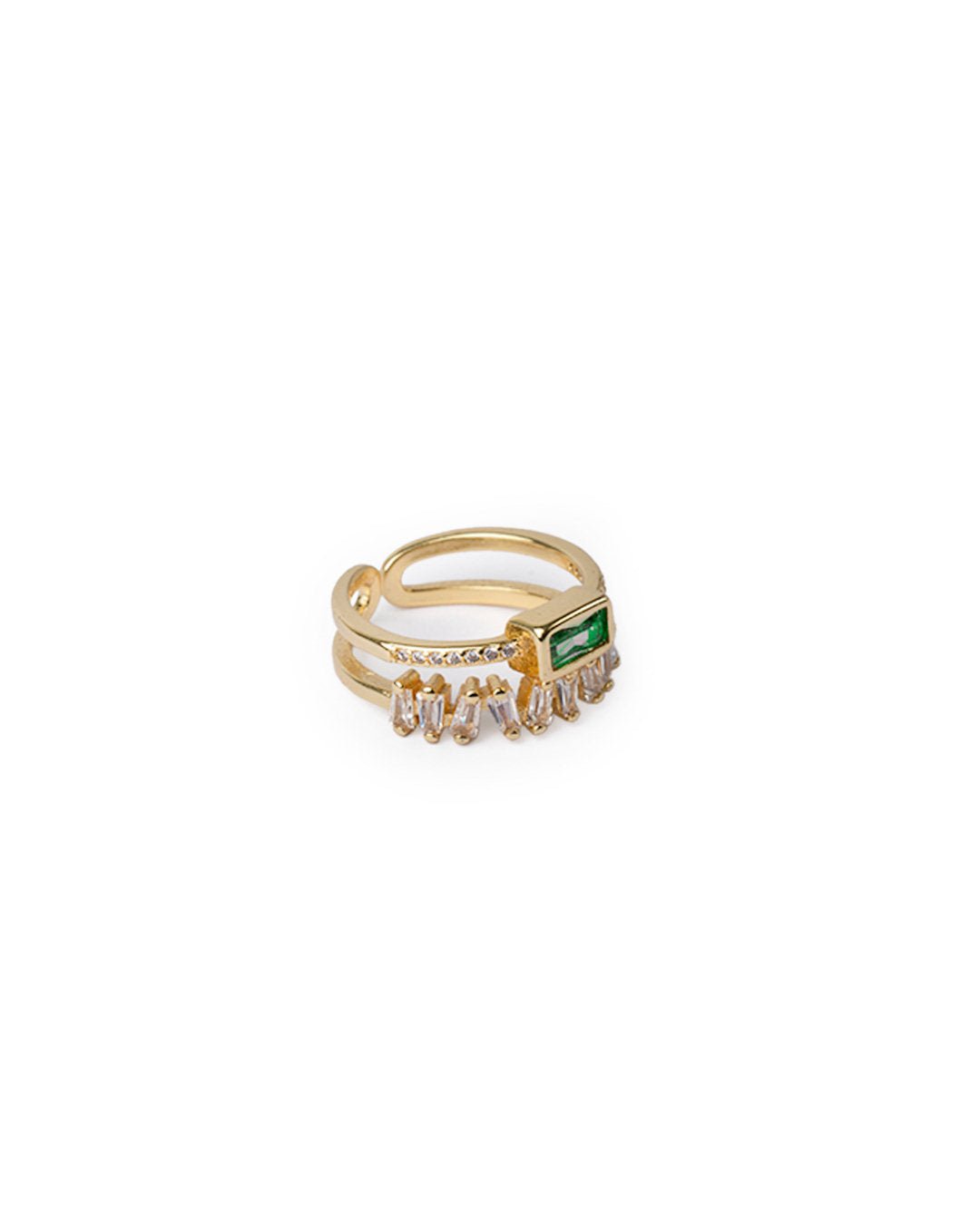 Anello in ottone regolabile con pietra rettangolare verde e zirconi crystal - Mya Accessories