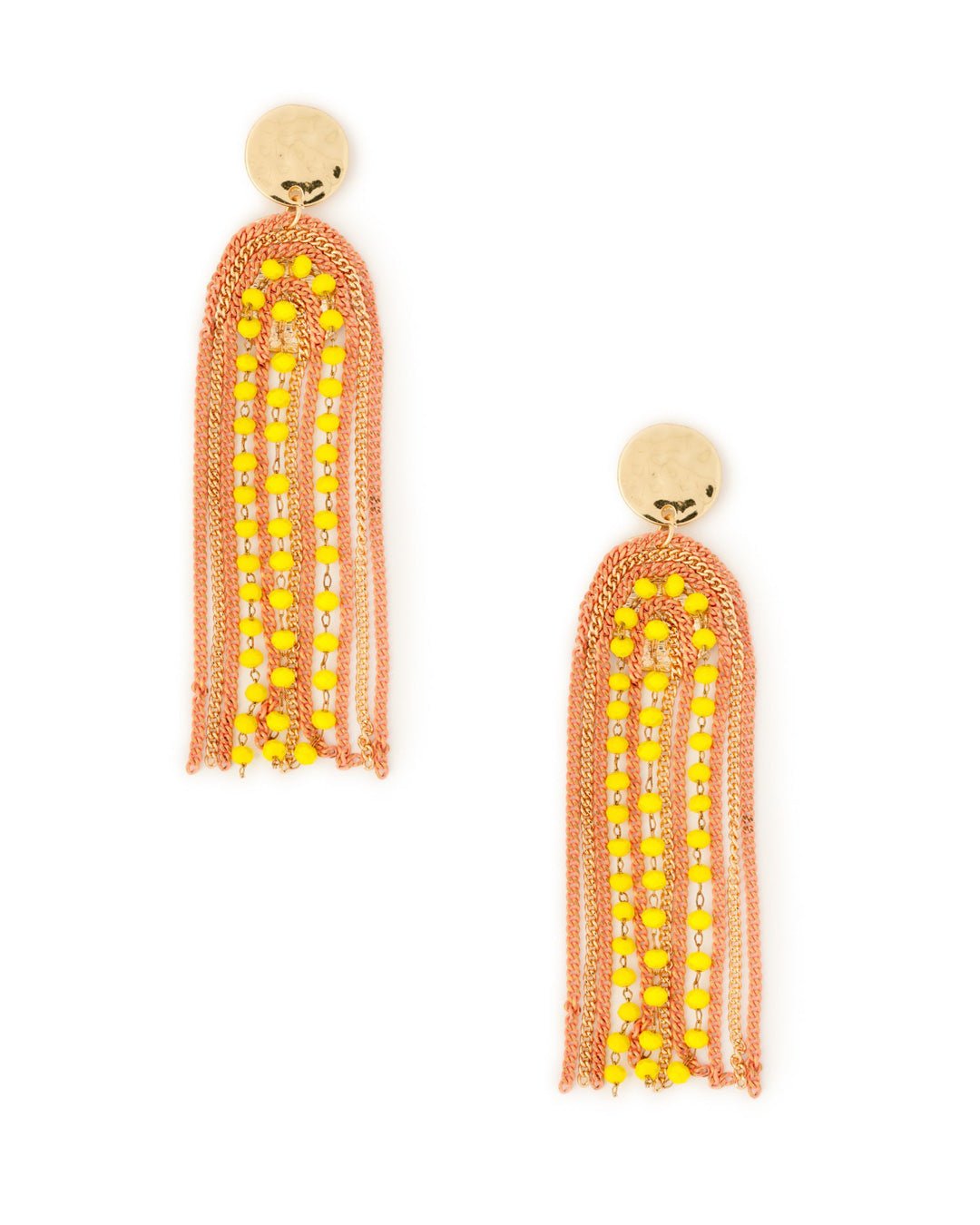 Orecchini in ottone lunghi pendenti con catene in arancio e microcristalli gialli - Mya Accessories
