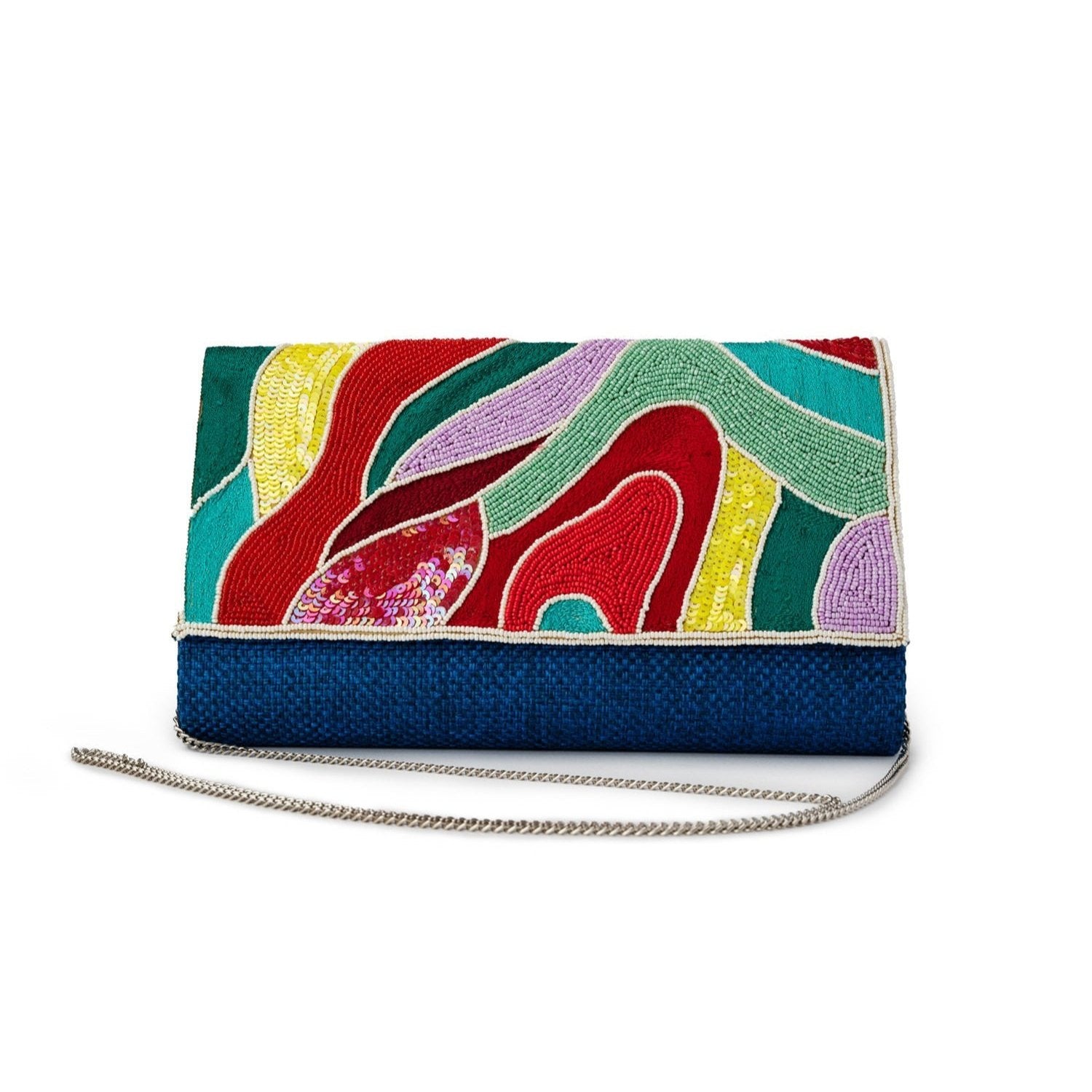 Borsa pochette in iuta blu, con texture sinuosa con perline in vetro multicolore - Mya Accessories