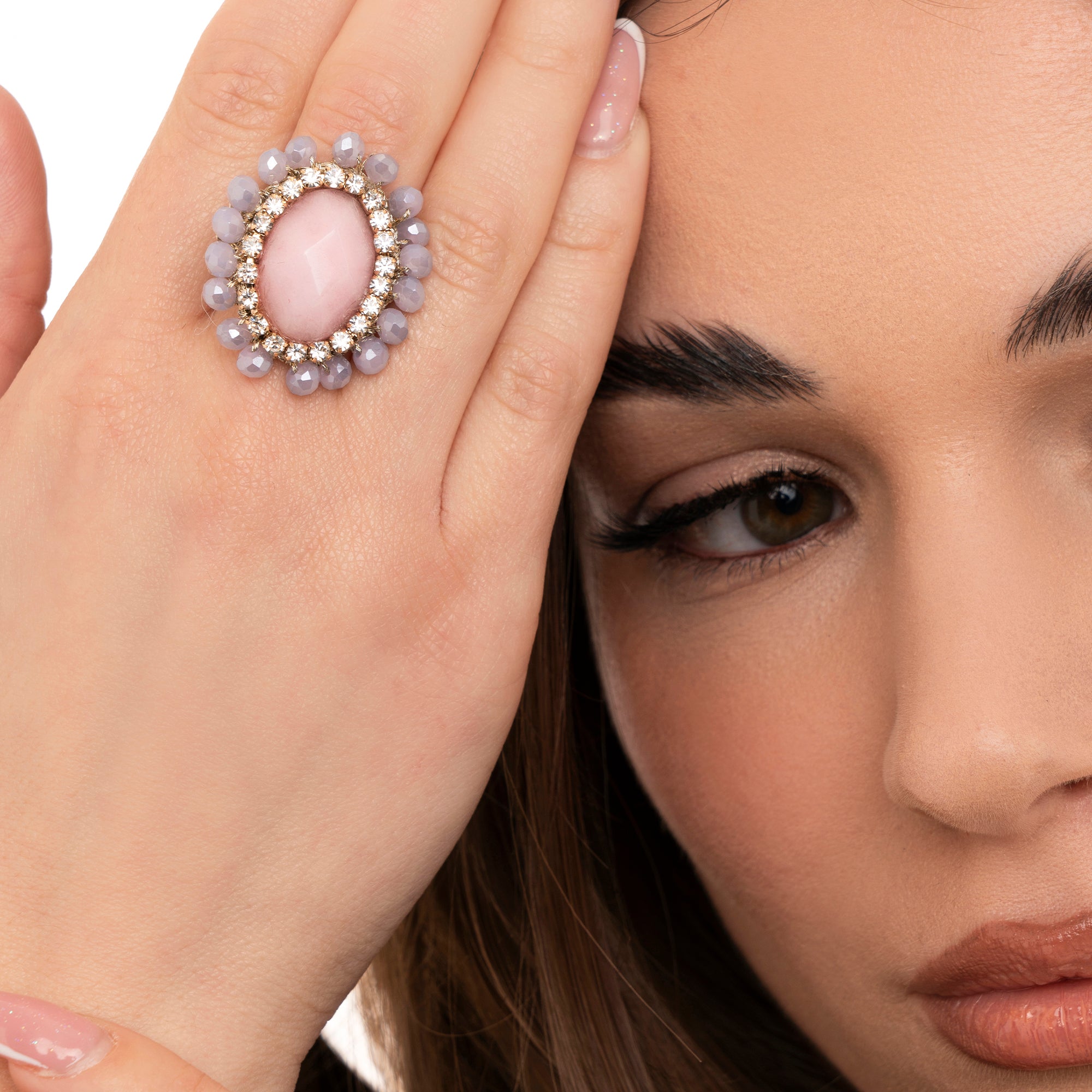 Anello in macramè con micro cristalli, pietra ovale tono rosa - Mya Accessories