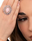 Anello in macramè con micro cristalli, pietra ovale tono rosa - Mya Accessories