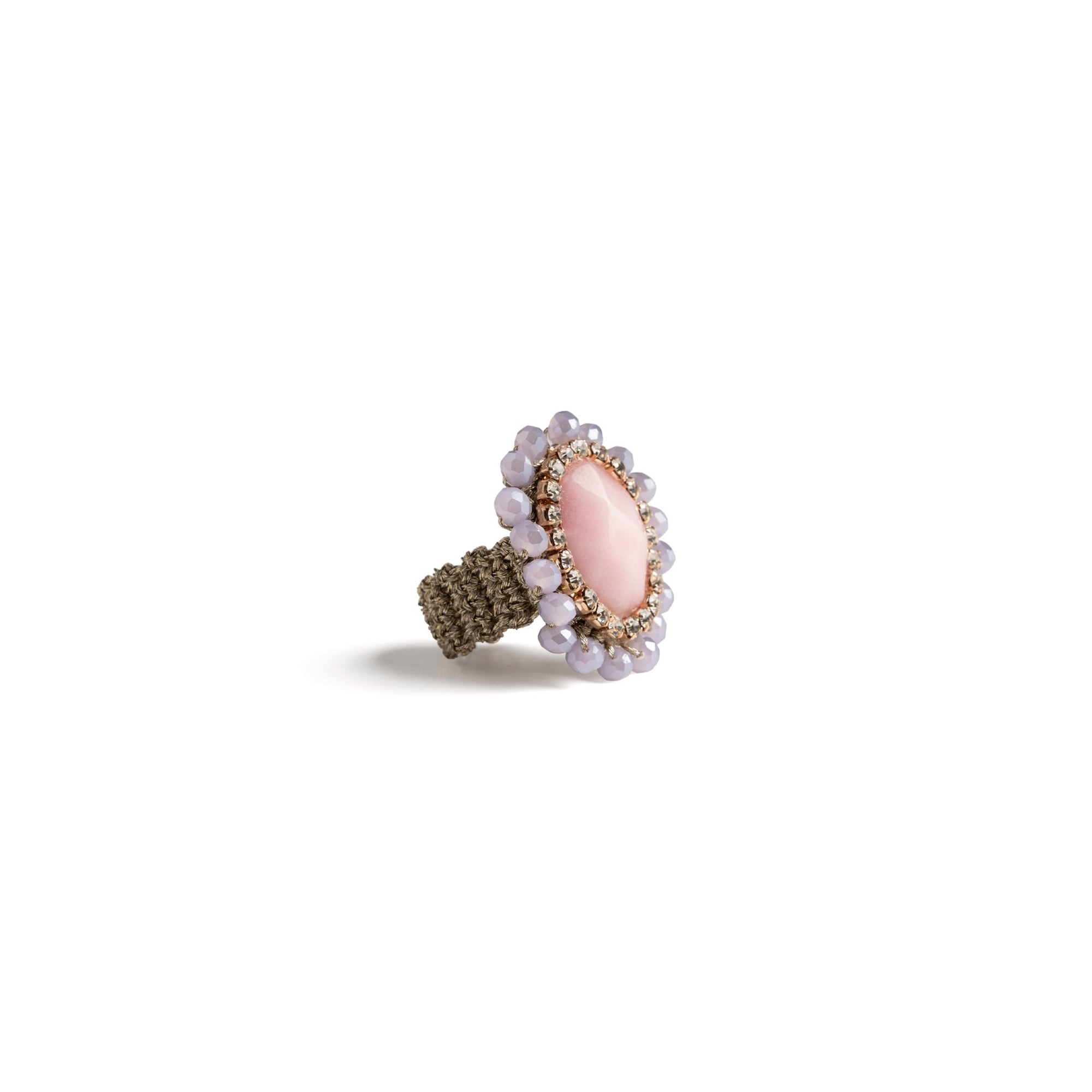 Anello in macramè con micro cristalli, pietra ovale tono rosa - Mya Accessories
