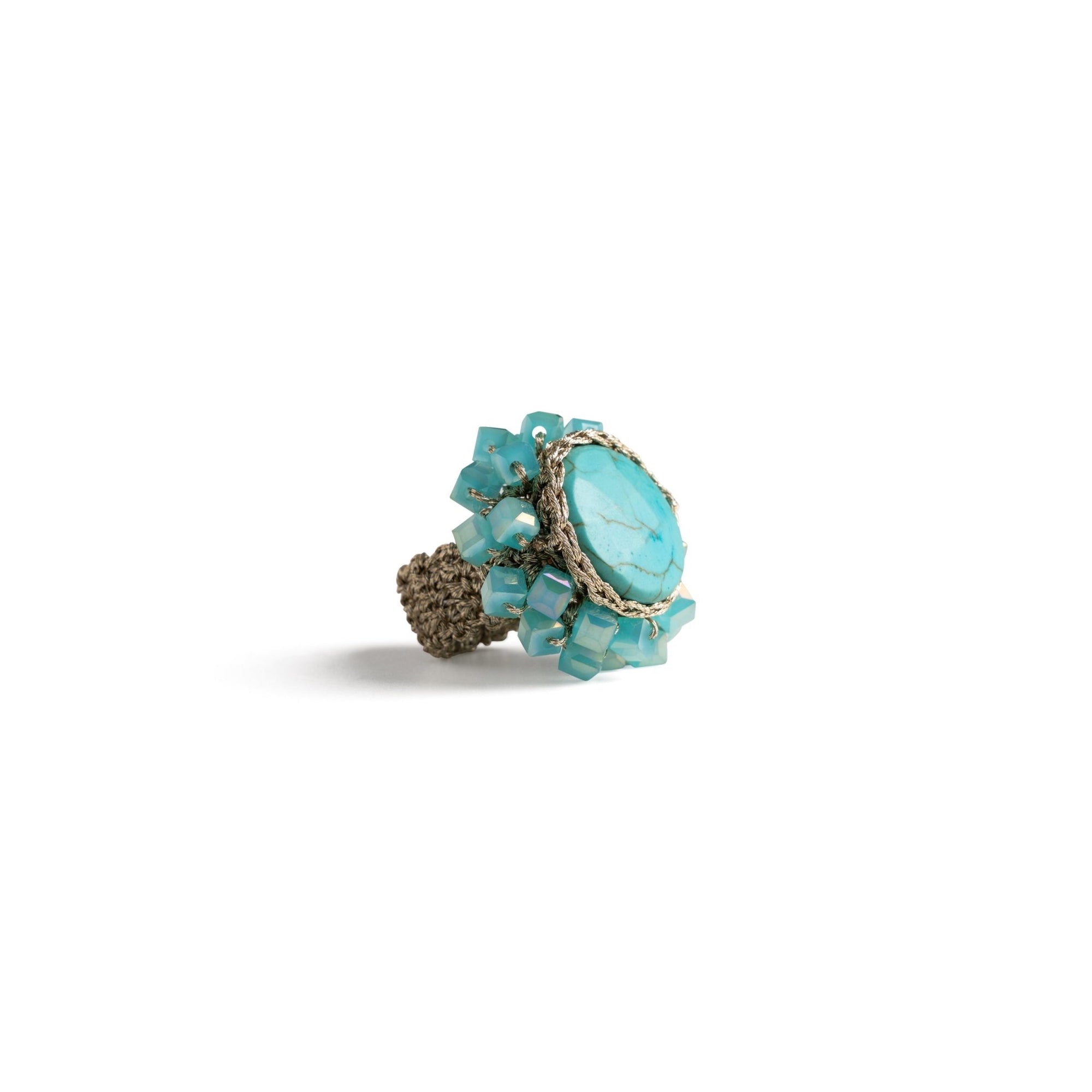 Anello in macramè con micro cristalli e pietra circolare turchese - Mya Accessories