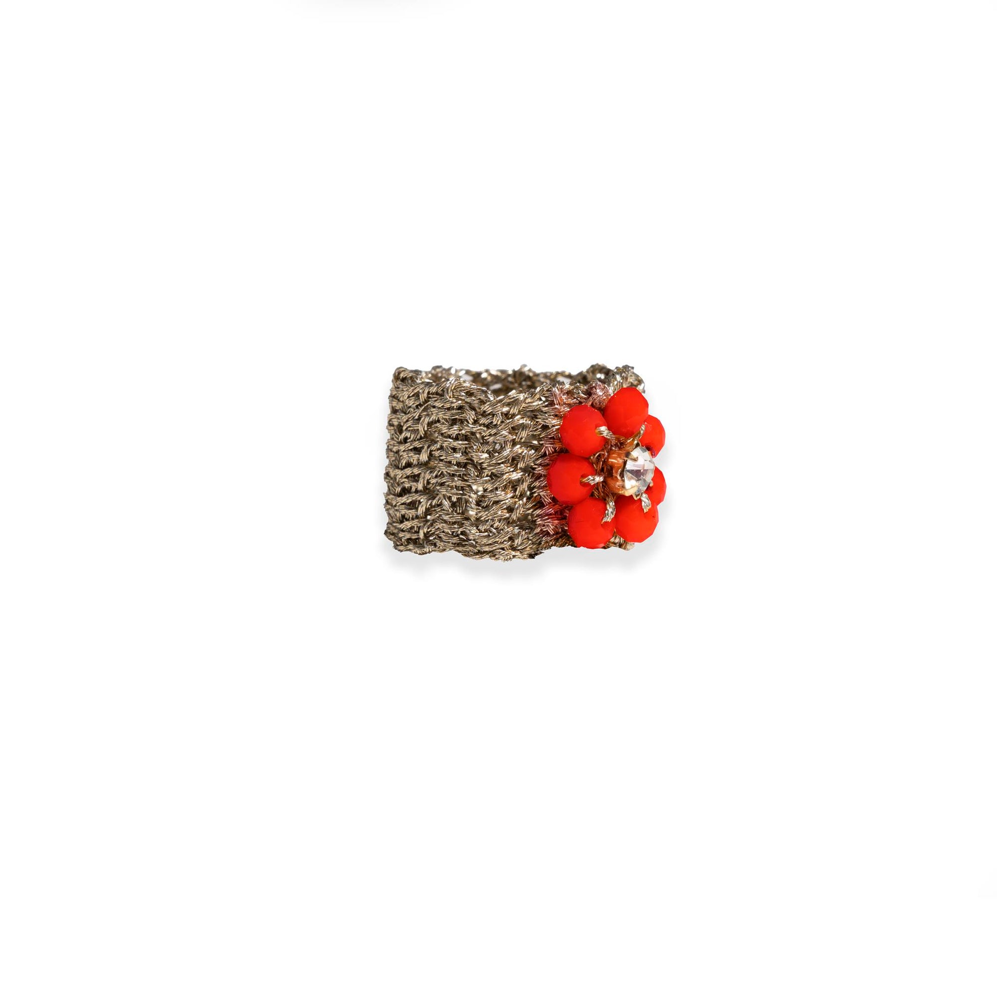 Anello in macramè con fiore in micro cristalli rossi - Mya Accessories