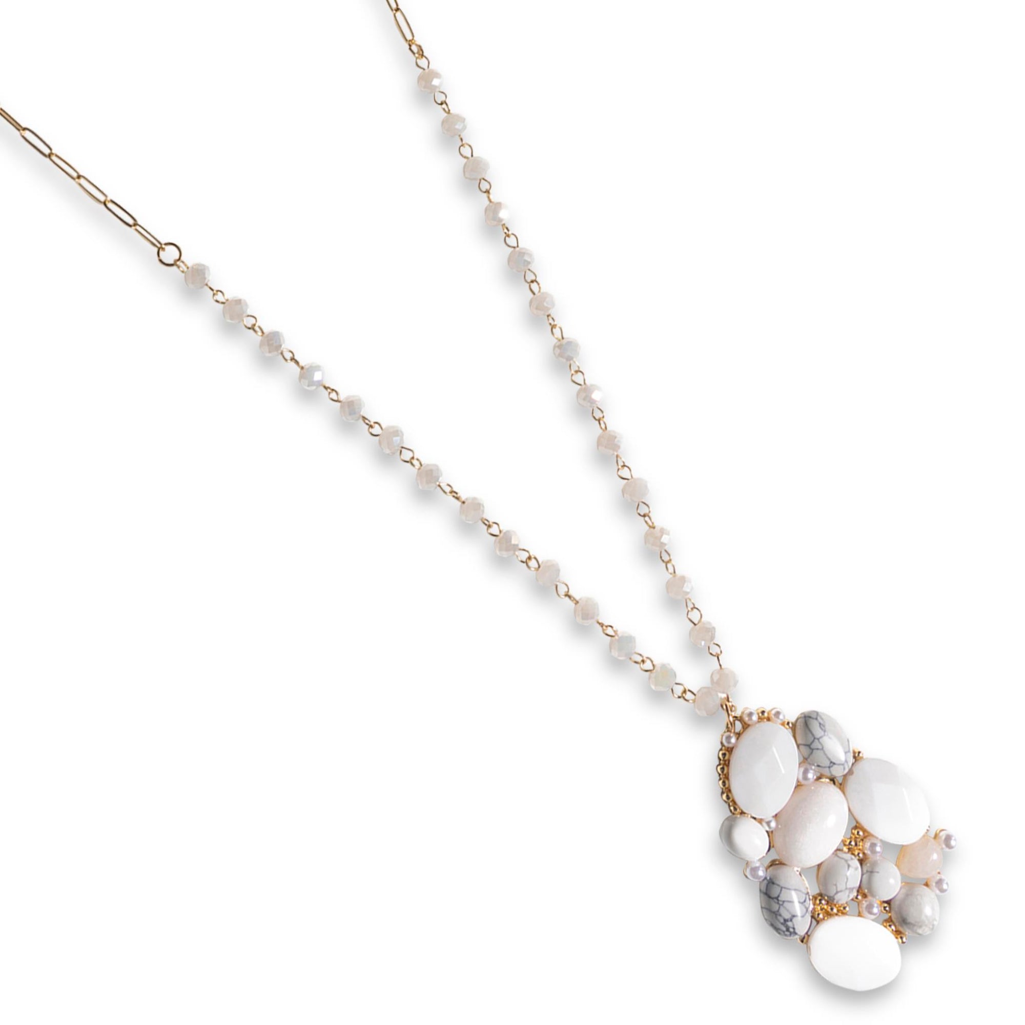 Collana lunga a catena con micro cristalli e pendente ricoperto di pietre dure bianche - Mya Accessories