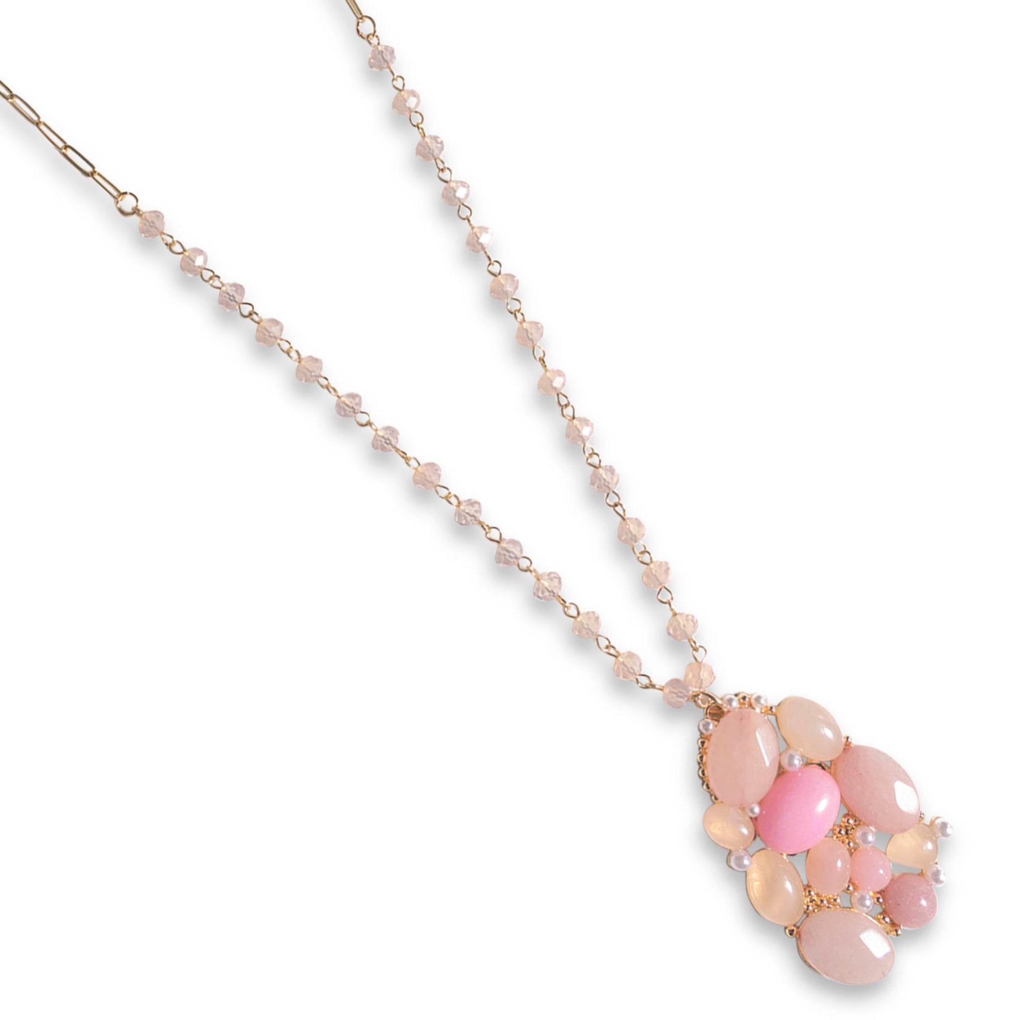 Collana lunga a catena con micro cristalli e pendente ricoperto di pietre dure rosa - Mya Accessories