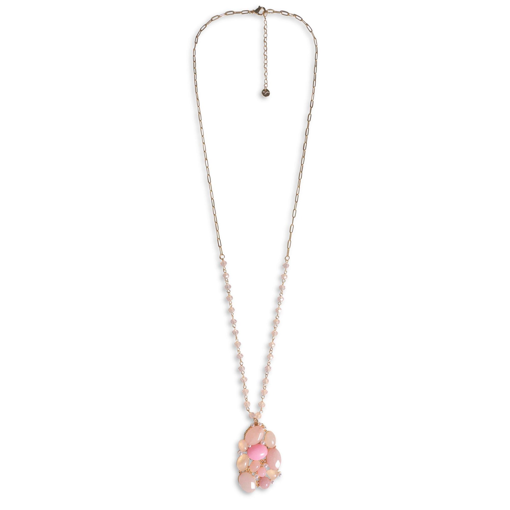 Collana lunga a catena con micro cristalli e pendente ricoperto di pietre dure rosa - Mya Accessories