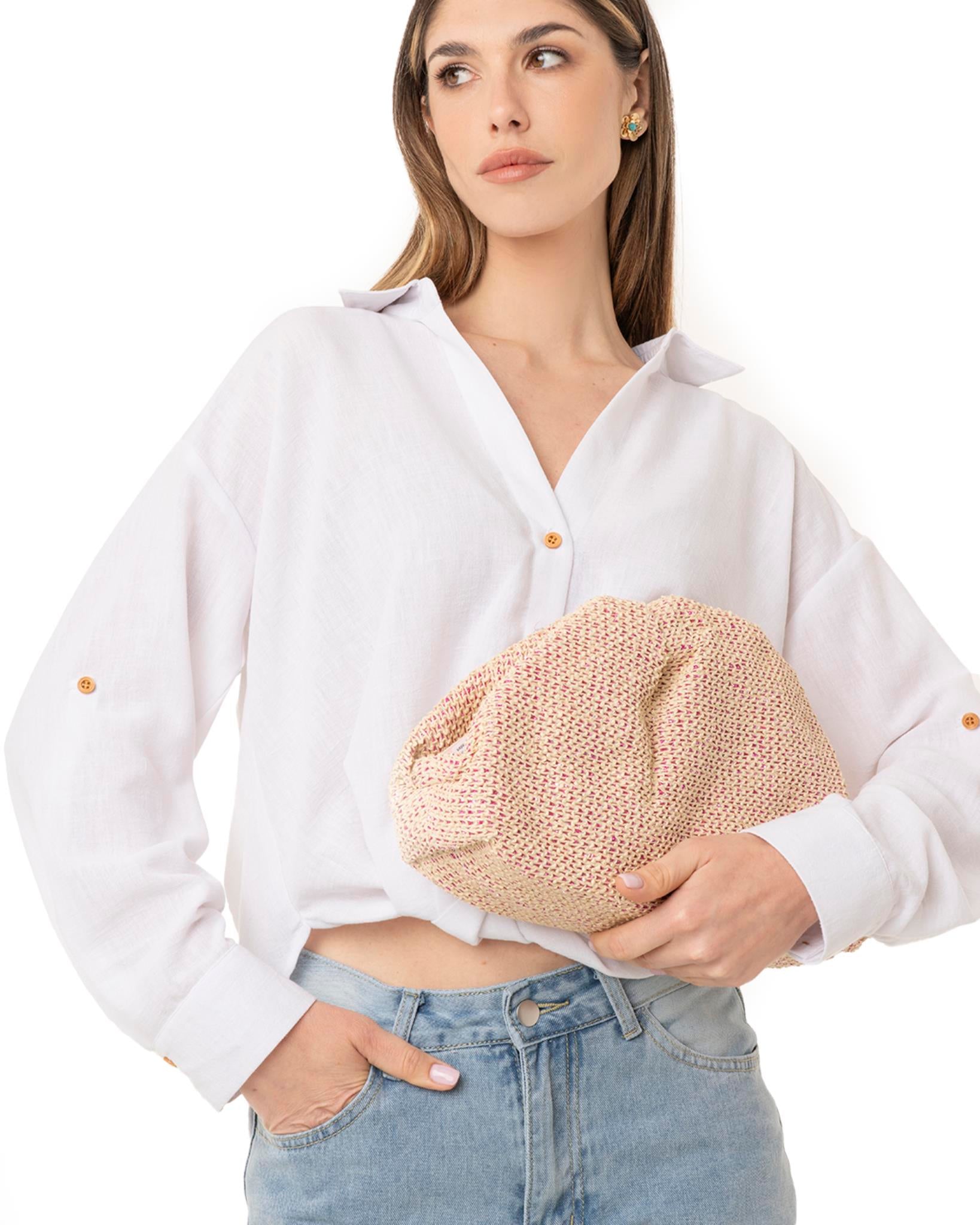 Borsa clutch tessuto in paglia beige con fondo rosa - Mya Accessories