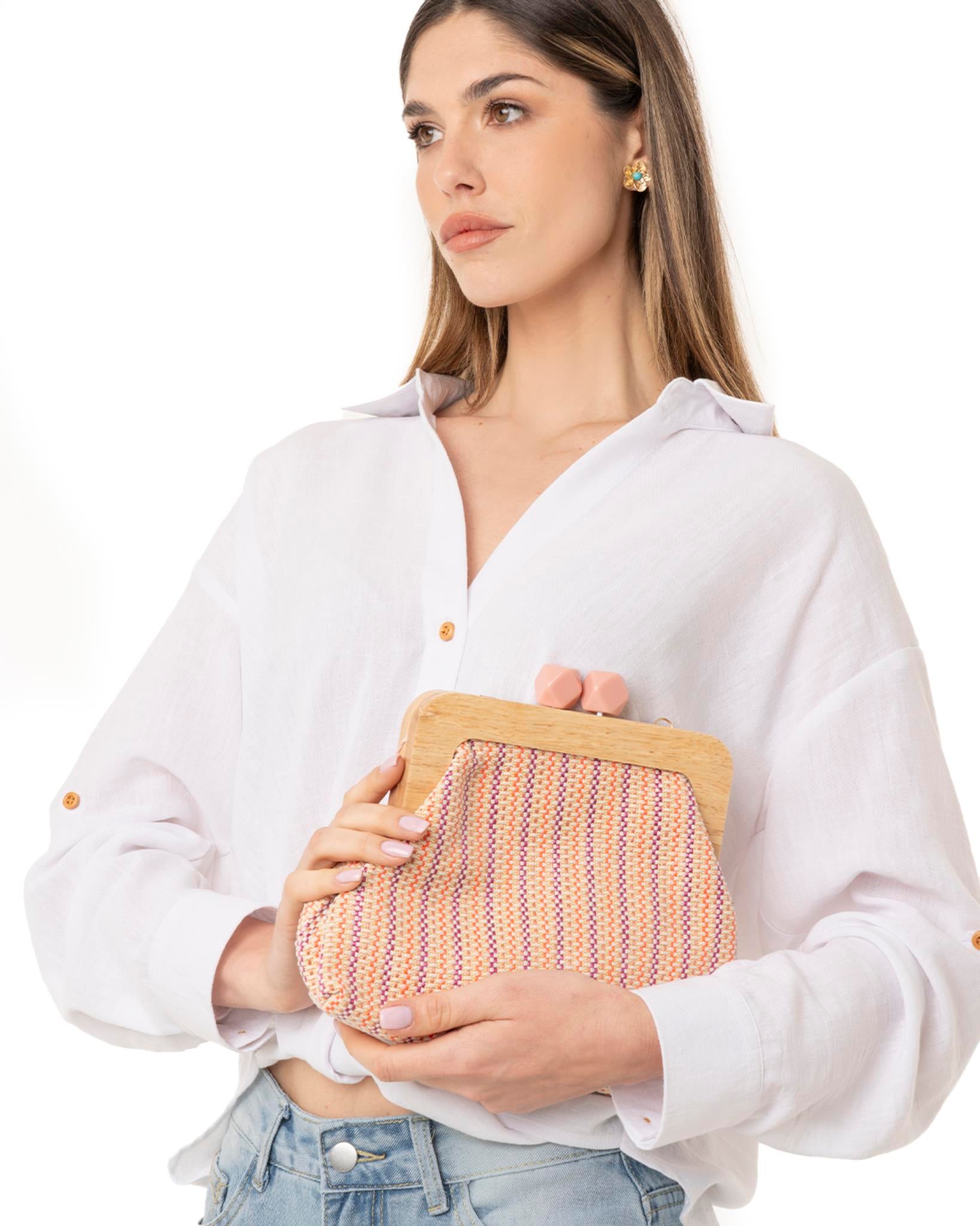 Borsa clutch con manico in legno, trama rosa - Mya Accessories