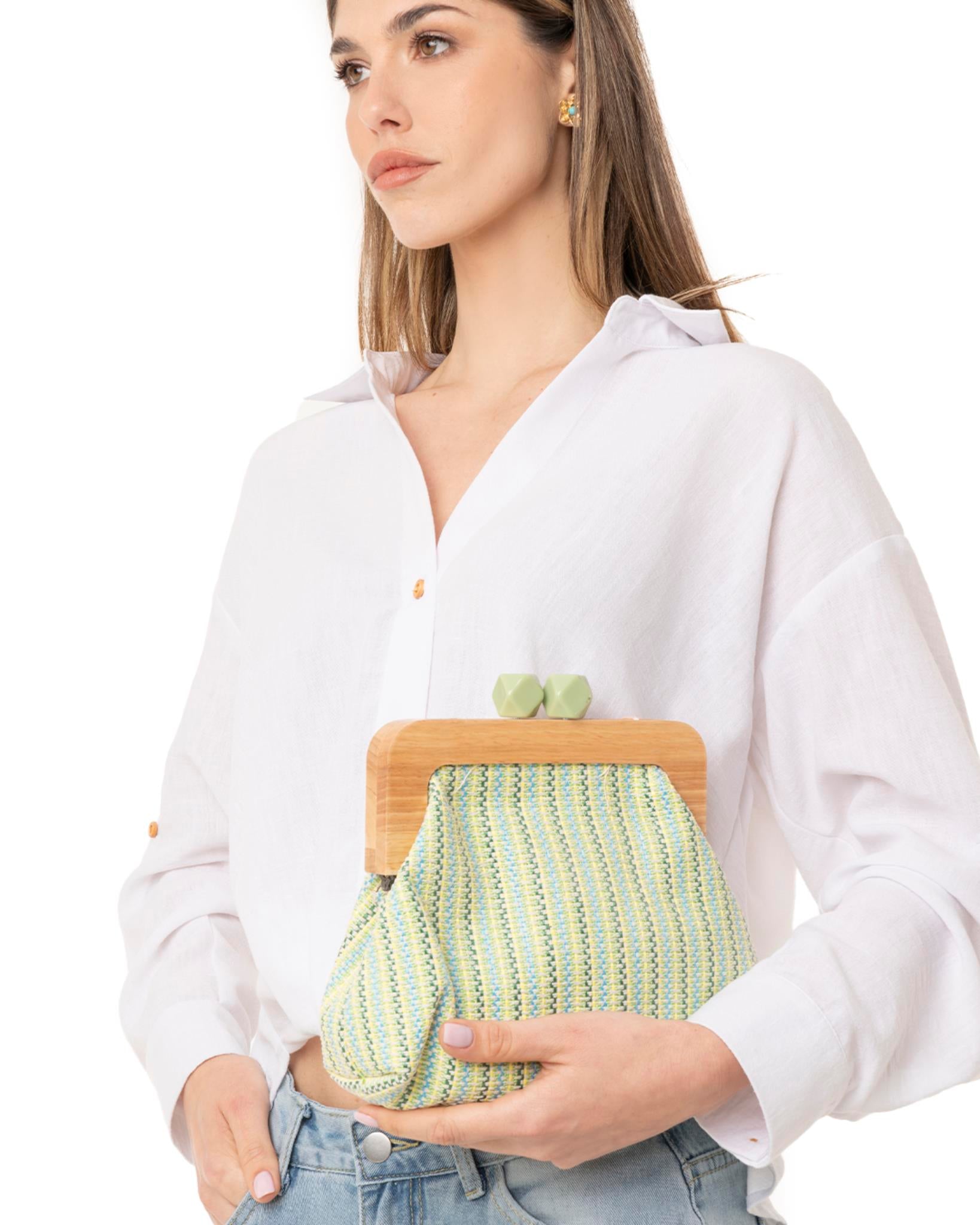 Borsa clutch con manico in legno, trama verde - Mya Accessories