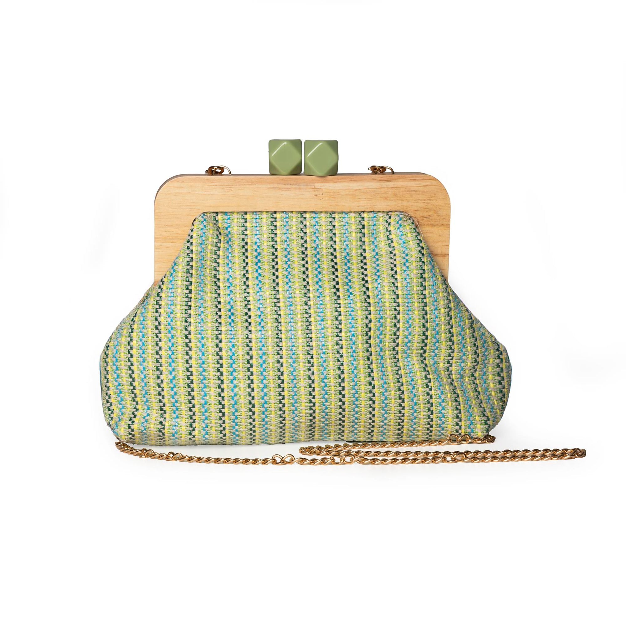 Borsa clutch con manico in legno, trama verde - Mya Accessories