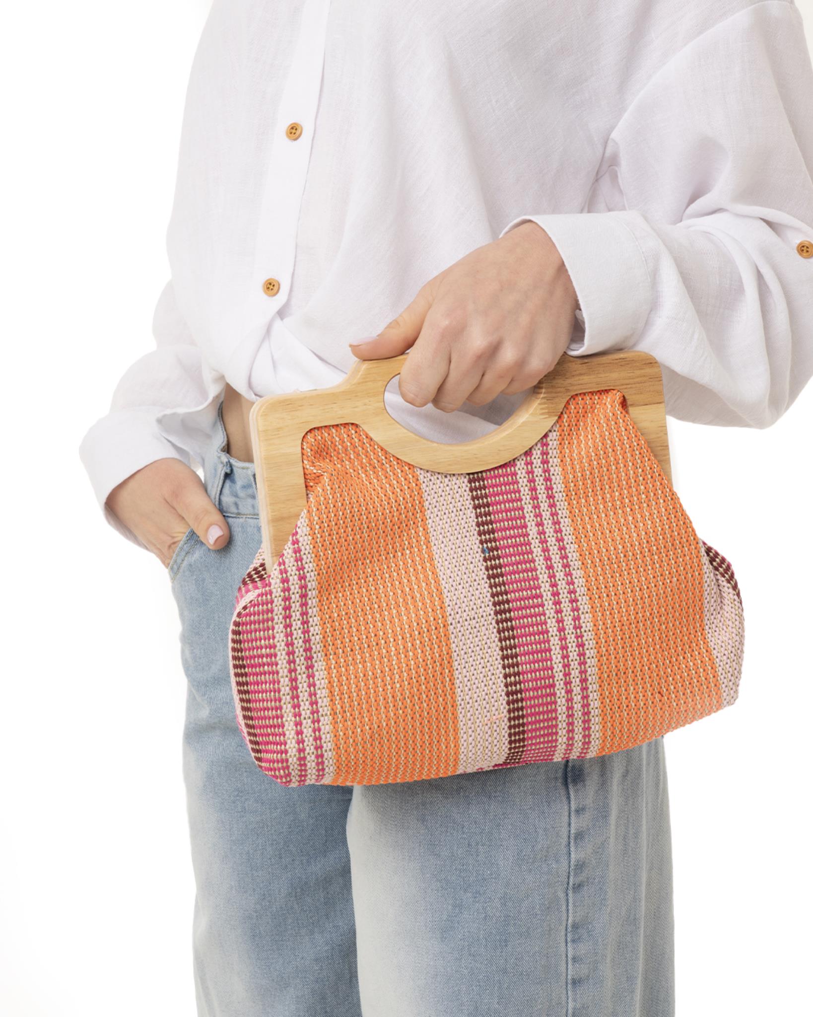 Borsa con manico in legno, texture tono rosa ed arancio - Mya Accessories