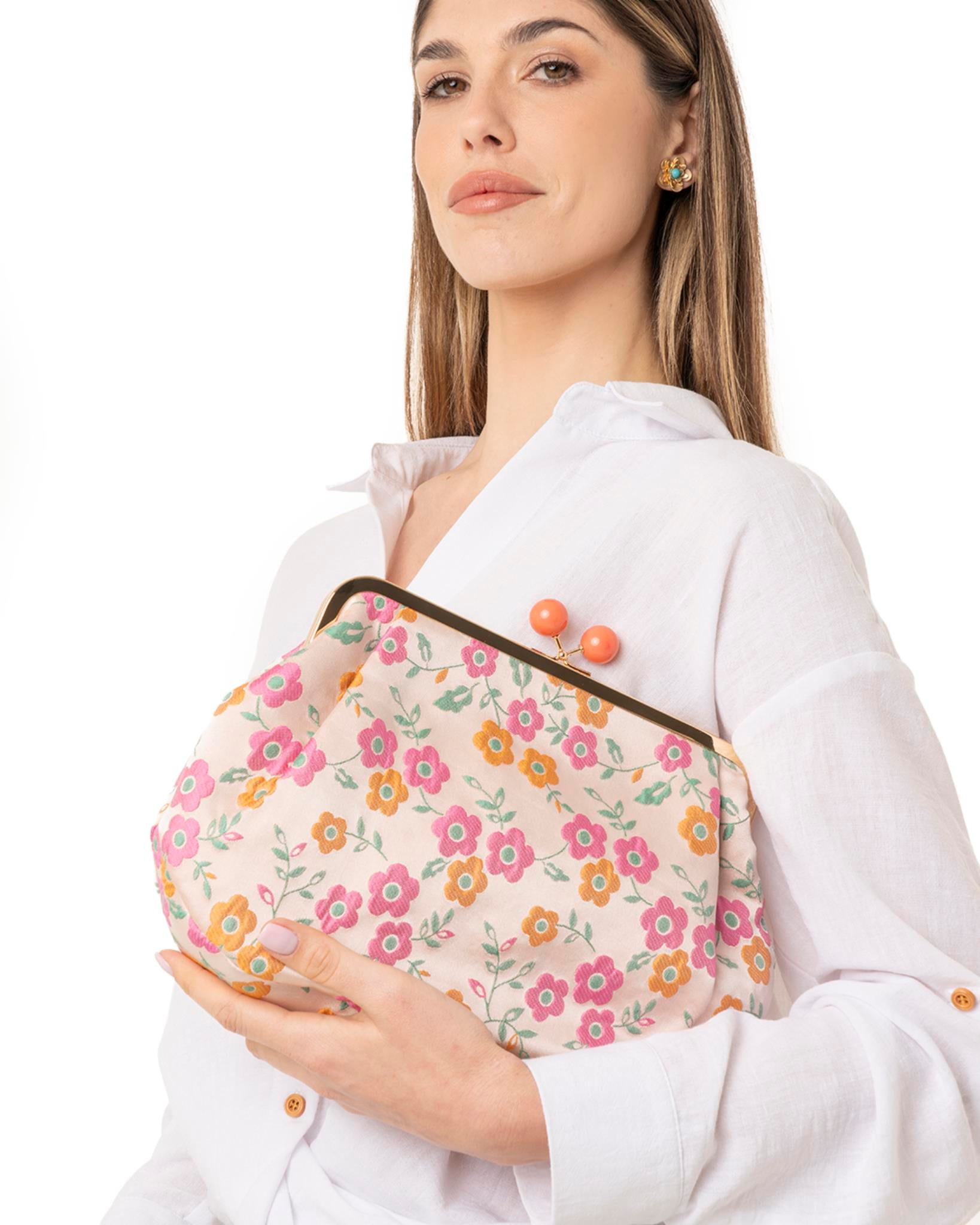 Borsa clutch clic clac texture a fiori tono rosa ed arancio - Mya Accessories