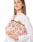 Borsa clutch clic clac texture a fiori tono rosa ed arancio - Mya Accessories