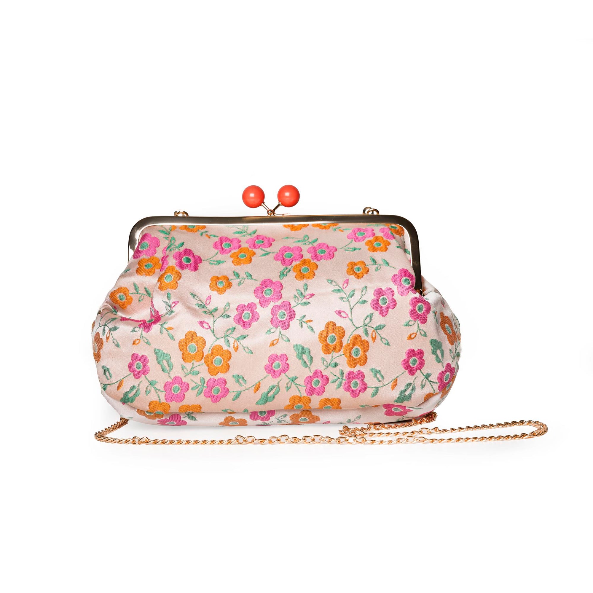 Borsa clutch clic clac texture a fiori tono rosa ed arancio - Mya Accessories