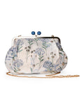 Borsa clutch clic clac con fondo beige e texture a fiori azzurri - Mya Accessories