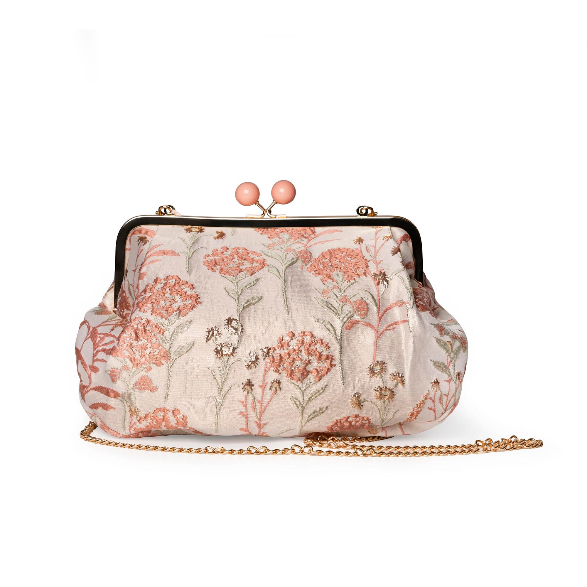 Borsa clutch clic clac con fondo beige e texture a fiori rosa - Mya Accessories