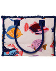 Borsa mare in cotone con fondo bianco e stampa a pesciolini multicolore - Mya Accessories