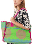 Borsa mare in cotone con stampa verde e fucsia - Mya Accessories